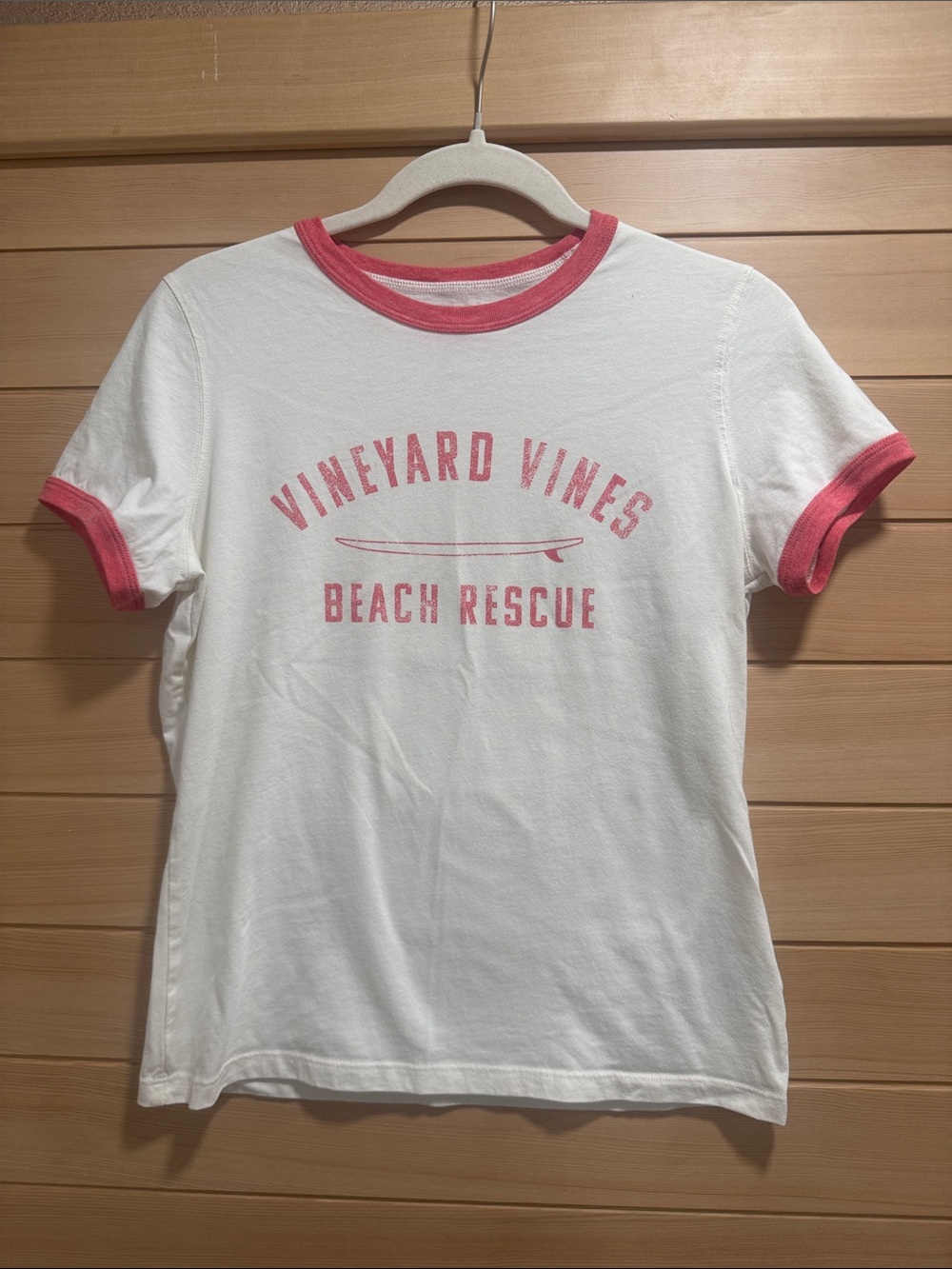 Vineyard Vines White Tee with Pink Ringer Trim and Surf Graphic